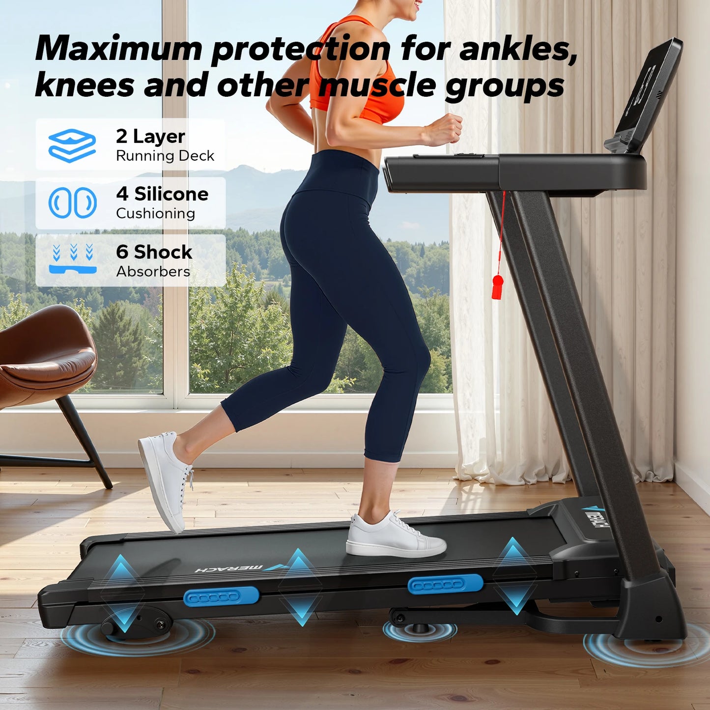 MERACH Foldable Treadmill T12 Incline Quiet Treadmills Double Deck Technology 4 Silicone Shock Cushion Heart Rate Monitoring